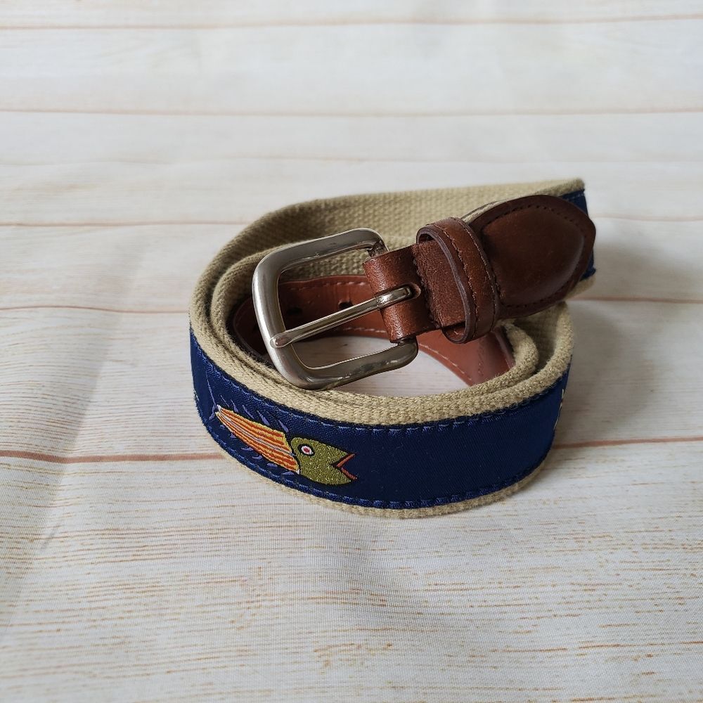 Vintage Belted Cow Leather Fish Ribbon Stitched 100% Cotton Webbing Belt